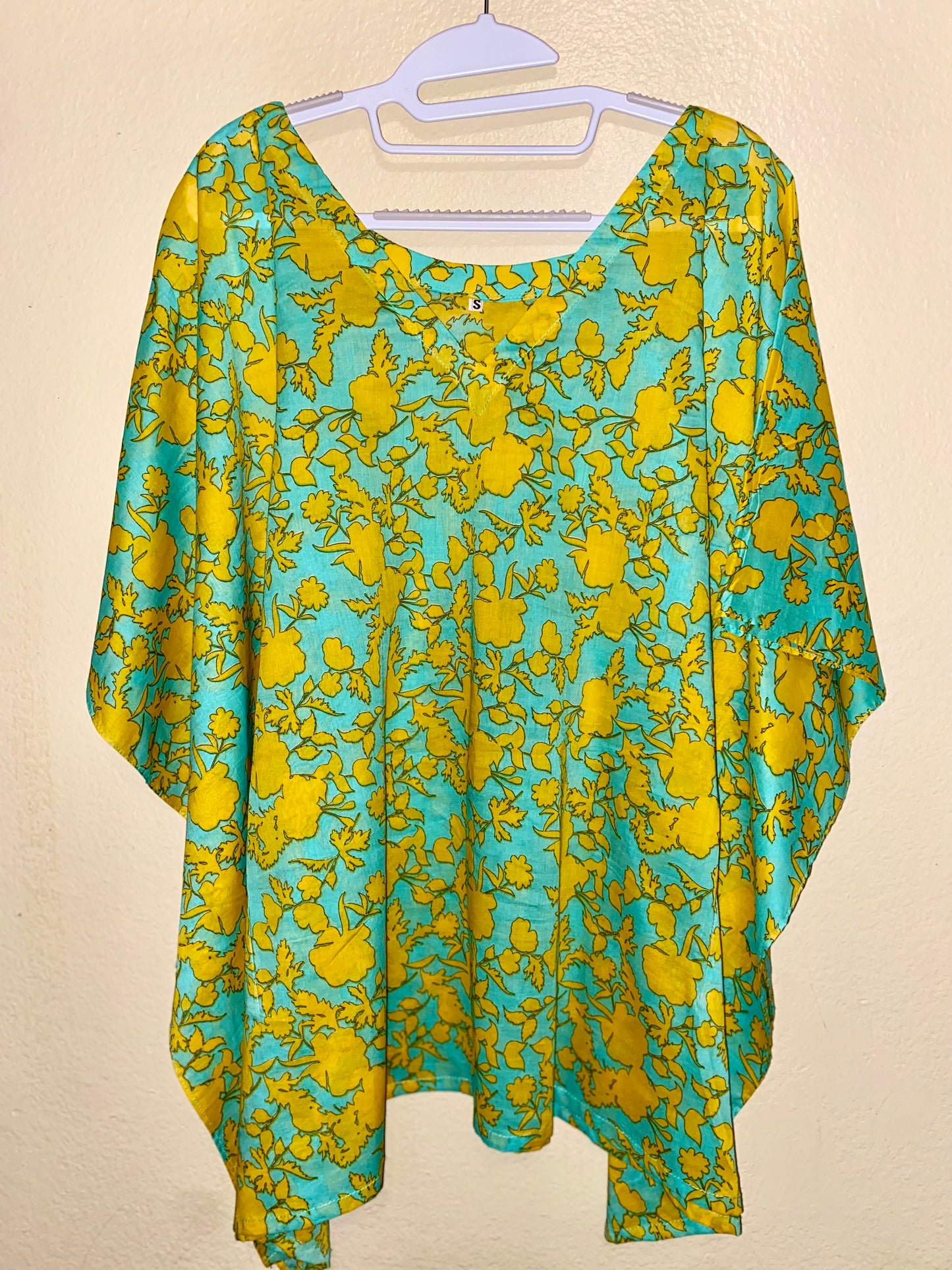 Turquoise Poncho with Yellow Florals