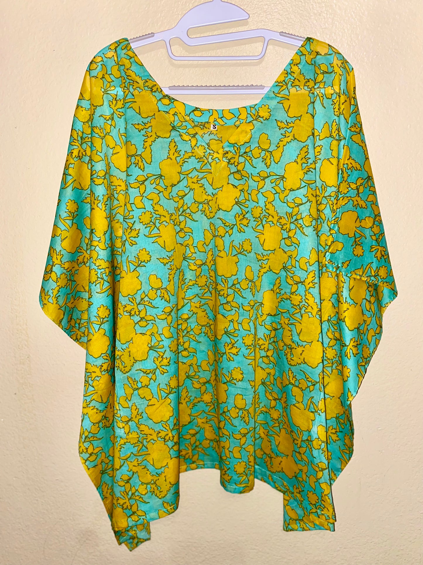 Turquoise Poncho with Yellow Florals