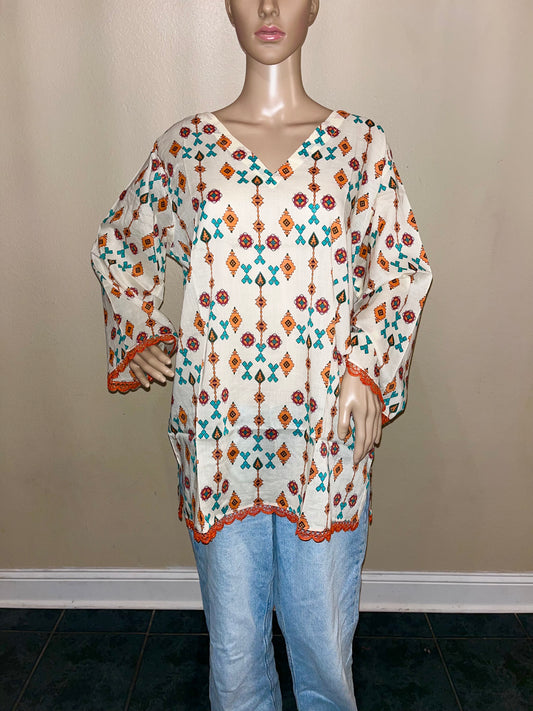 White Colorful Summer Blouse