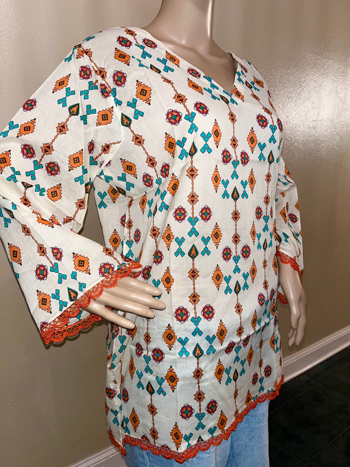 White Colorful Summer Blouse