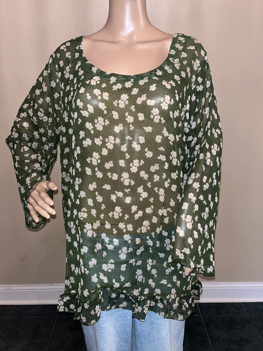 Floral Sheer Ruffle-Hem Top